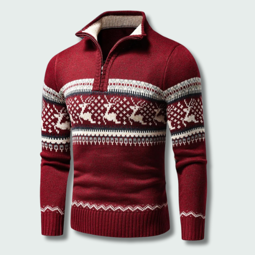 Men's long-sleeved Fair Isle half-zip jumper with mock neck and ribbed trims