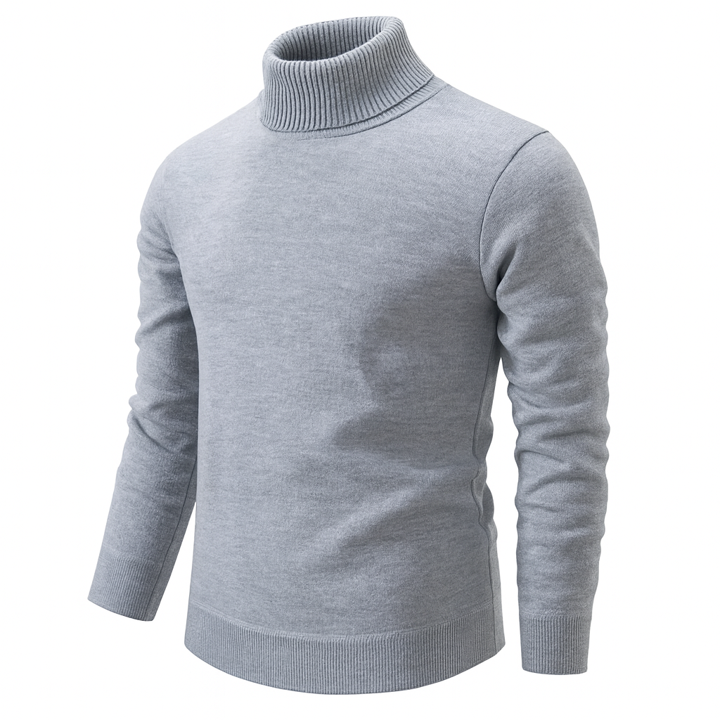 Men's plain long-sleeve turtleneck sweater with ribbed collar, cuffs and hem