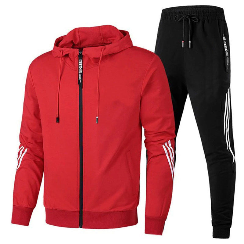 Men's hooded zip tracksuit set with drawstring jogger trousers and contrasting stripes