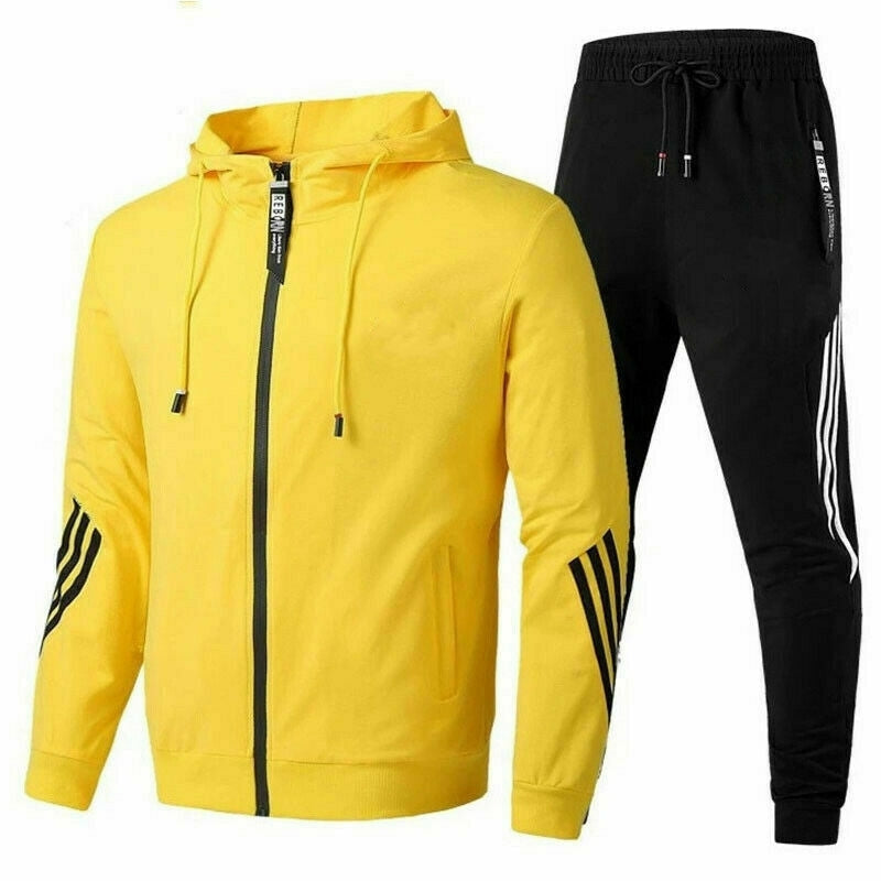 Men's hooded zip tracksuit set with drawstring jogger trousers and contrasting stripes