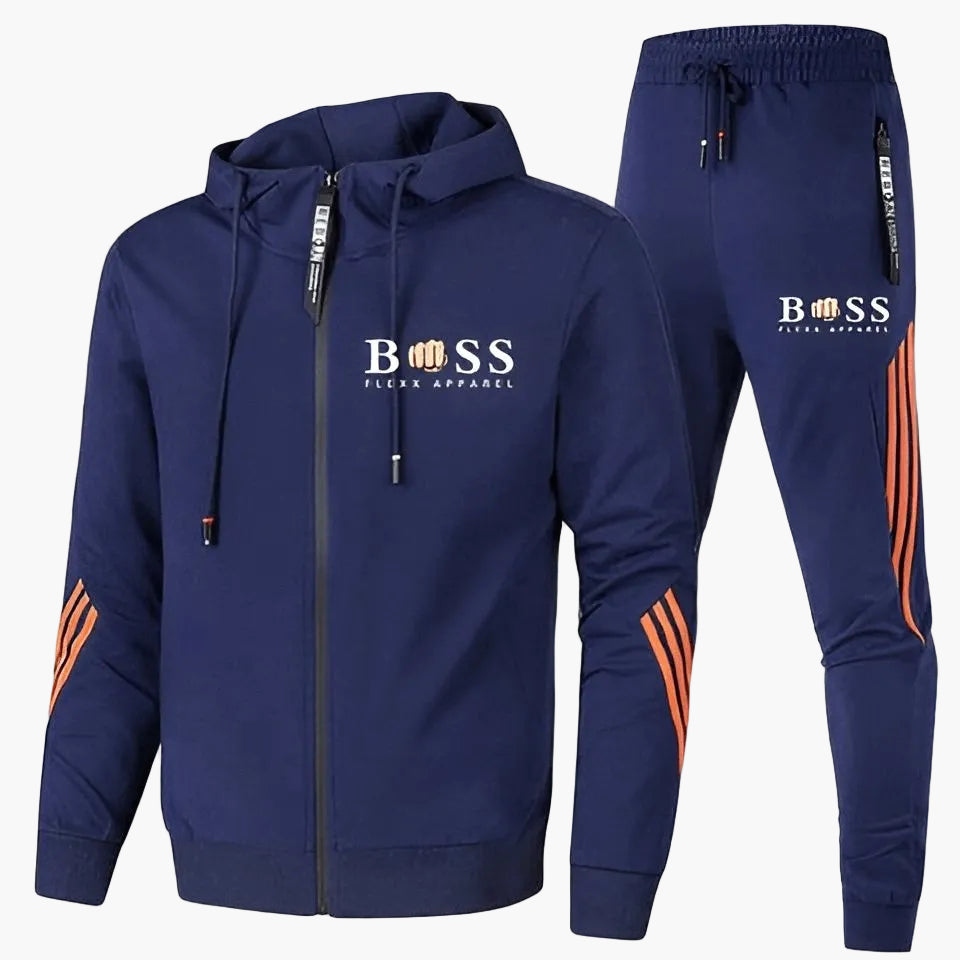 Men's hooded tracksuit set with zip jacket, tapered trousers and striped details