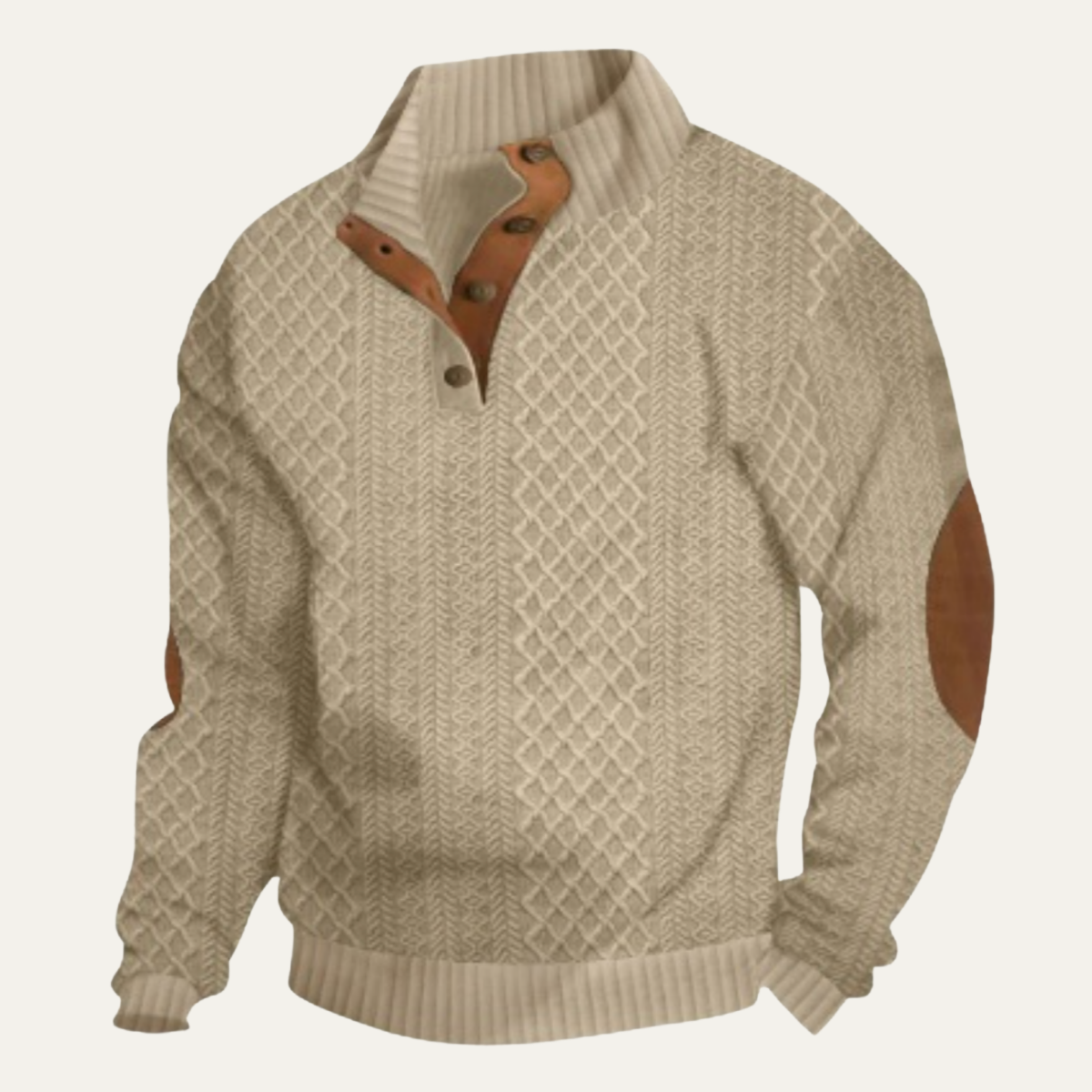 Men's textured mock neck sweater with button placket and contrasting elbow patches