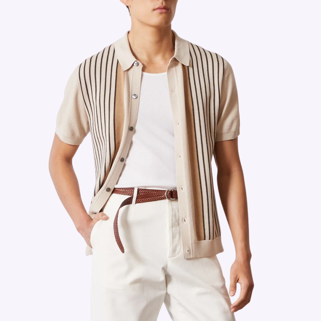 Men's beige knitted polo cardigan with vertical stripes and short sleeves