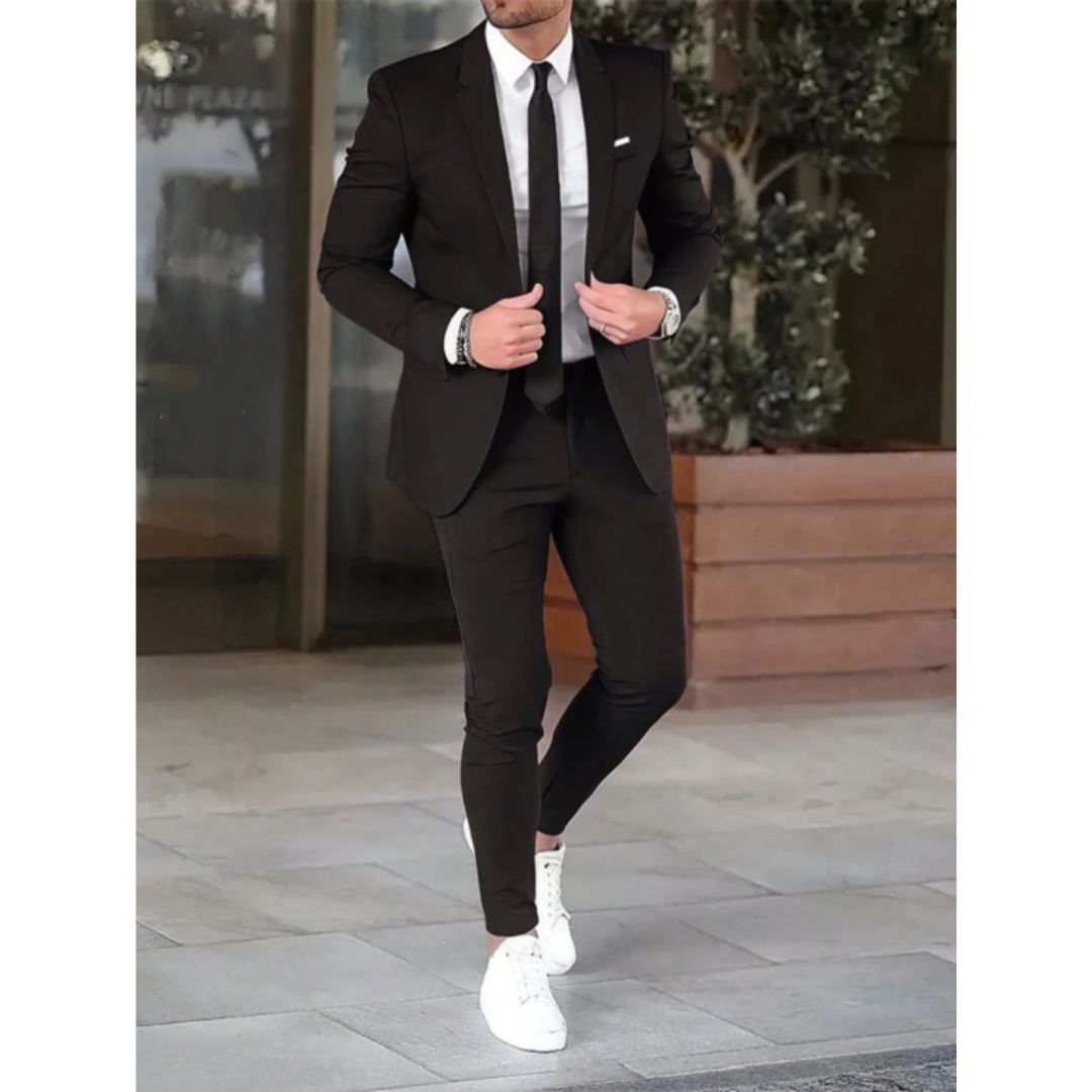Men's two-piece suit with tailored button jacket and slim trousers