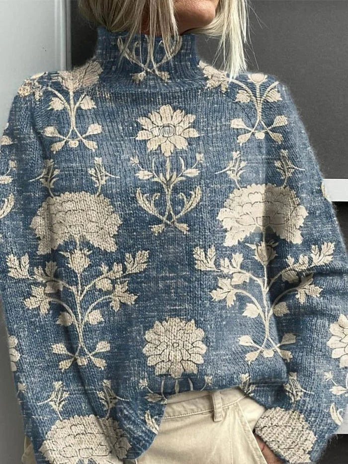 Women's long-sleeved patterned turtleneck jumper with ribbed trims
