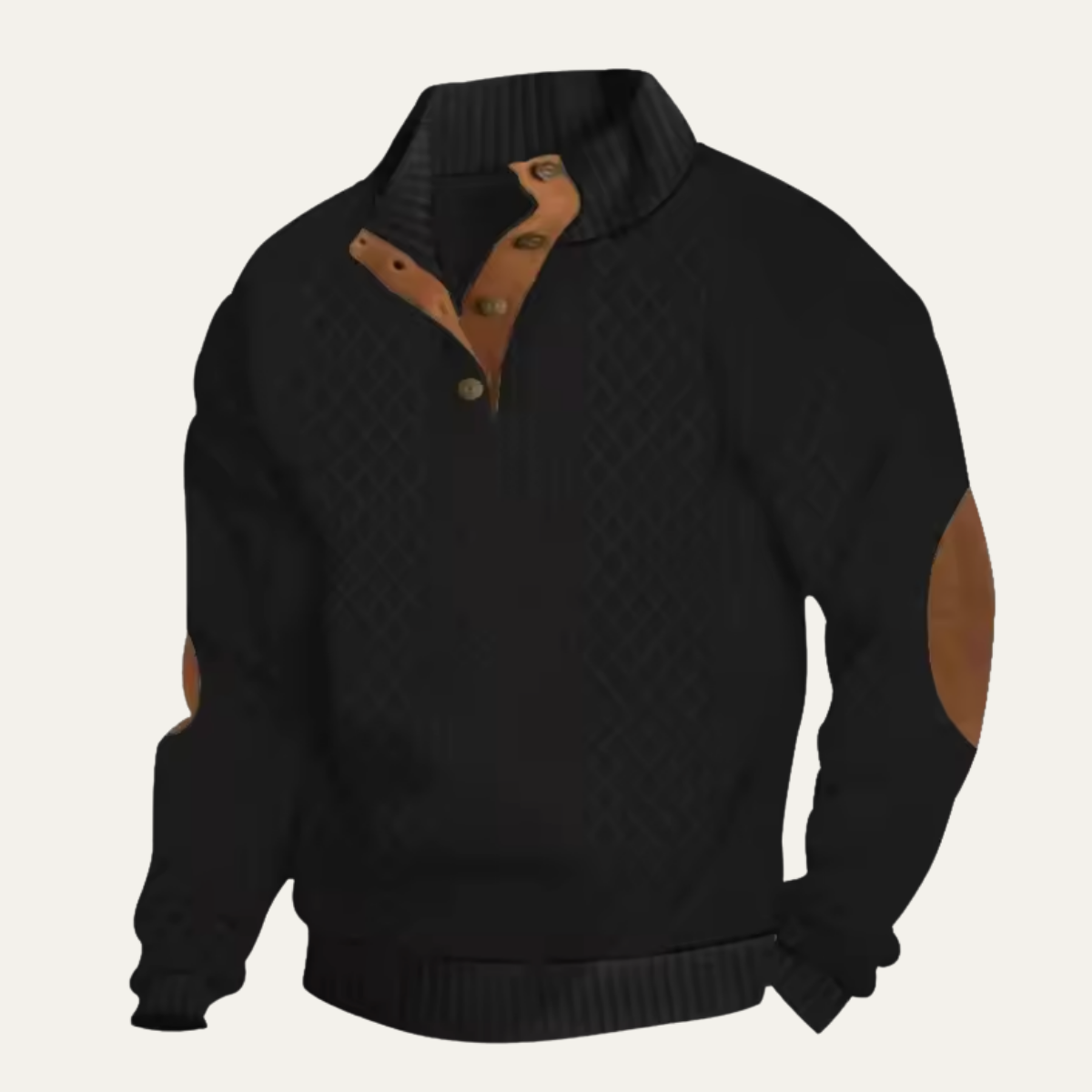 Men's textured mock neck sweater with button placket and contrasting elbow patches