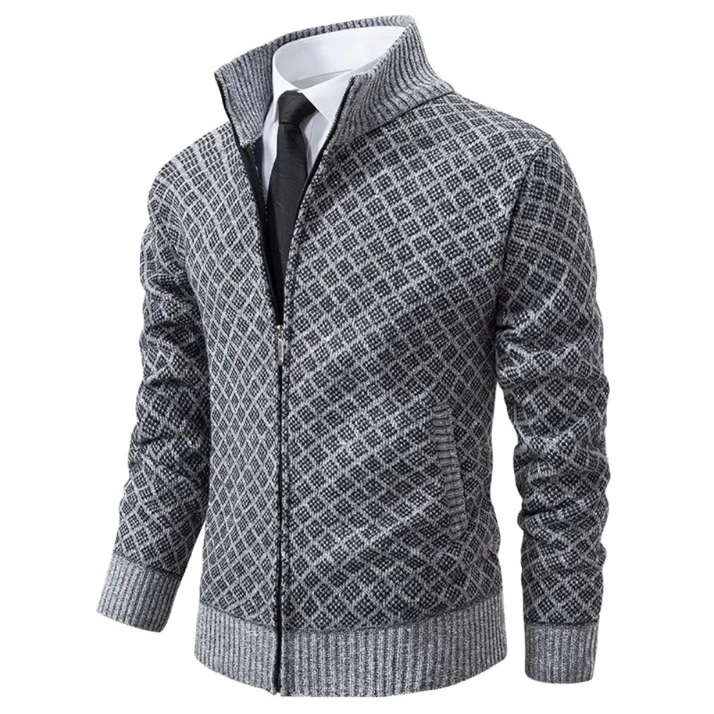 Men's geometric diamond pattern cardigan with mock neck and front zip