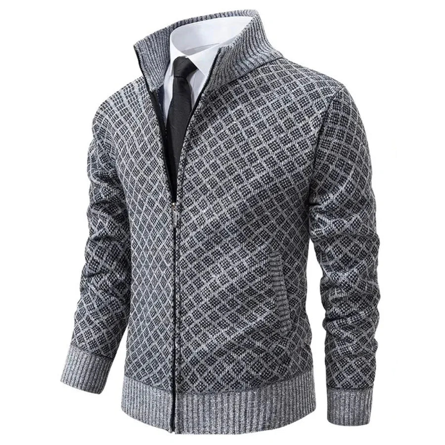Men's geometric textured cardigan with mock neck, full zip and ribbed trims