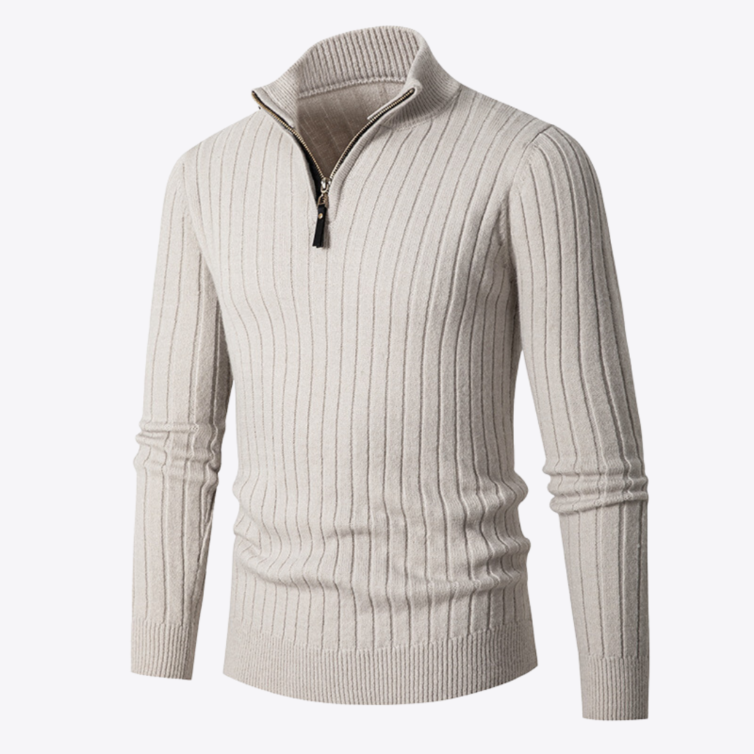 Men's ribbed quarter-zip jumper with mock neck and long sleeves