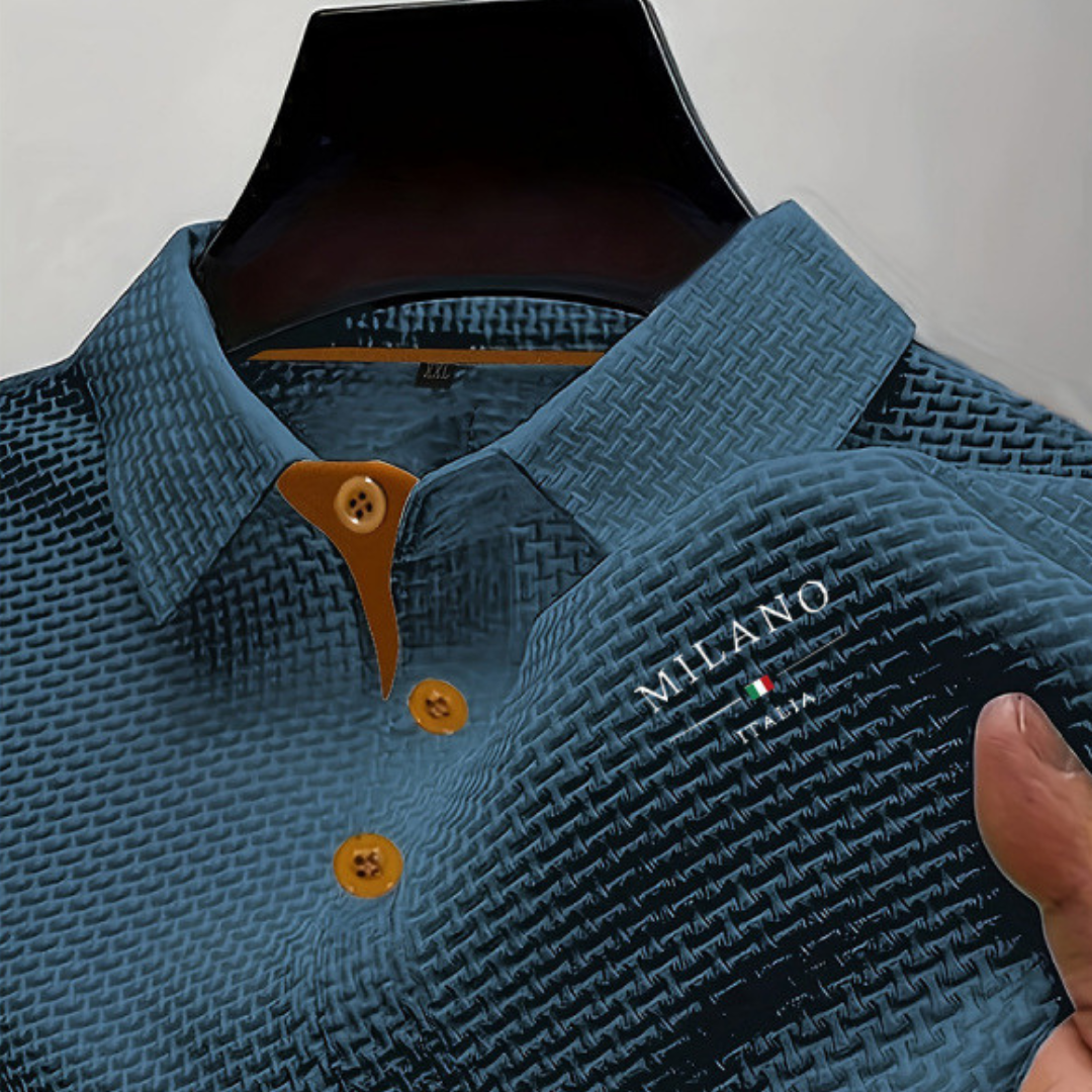 Men's Polo Shirt Textured Woven Button Collar - Blue