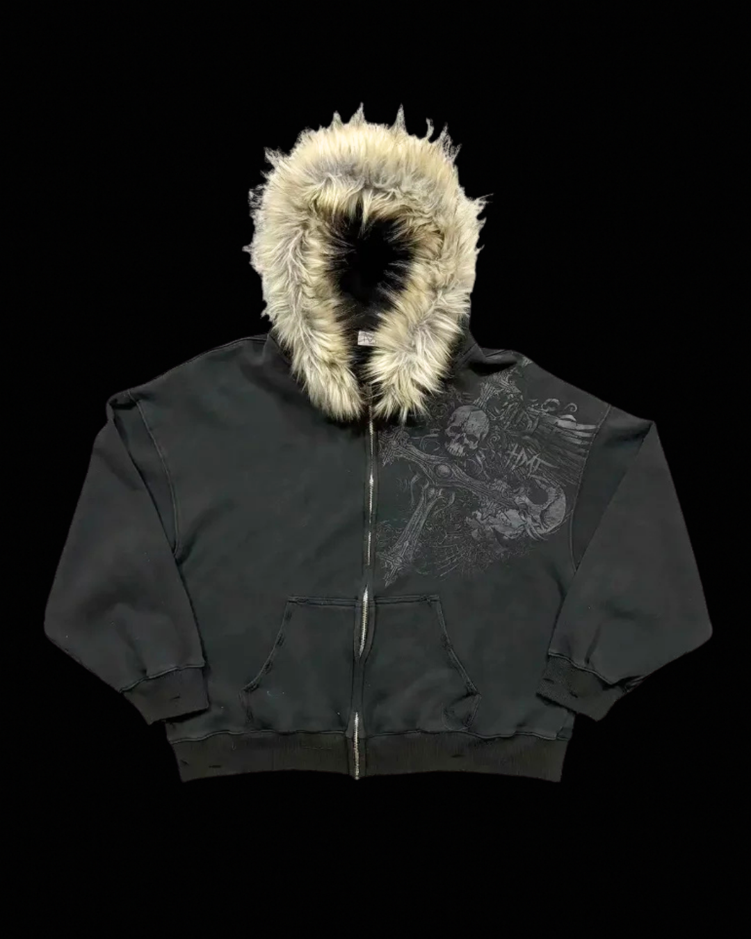 Hooded zip-up hoodie with fur-style trim and graphic front