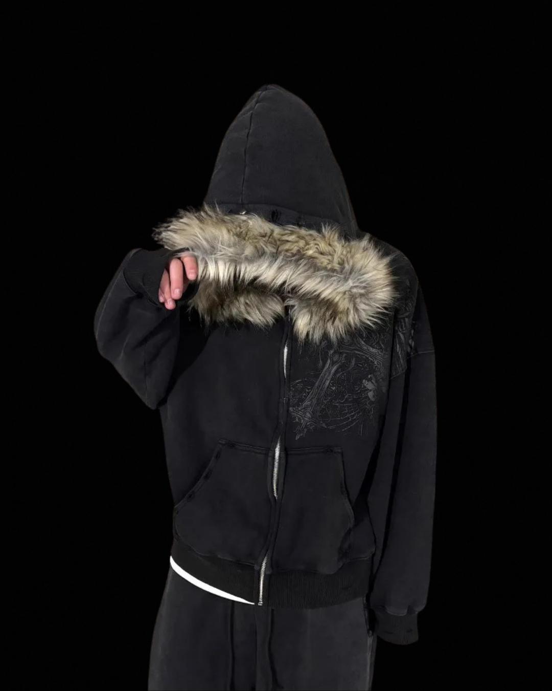 Hooded zip-up hoodie with fur-style trim and graphic front