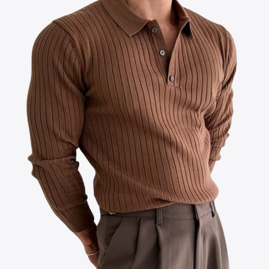 Men's ribbed polo sweater with lapel collar and long sleeves