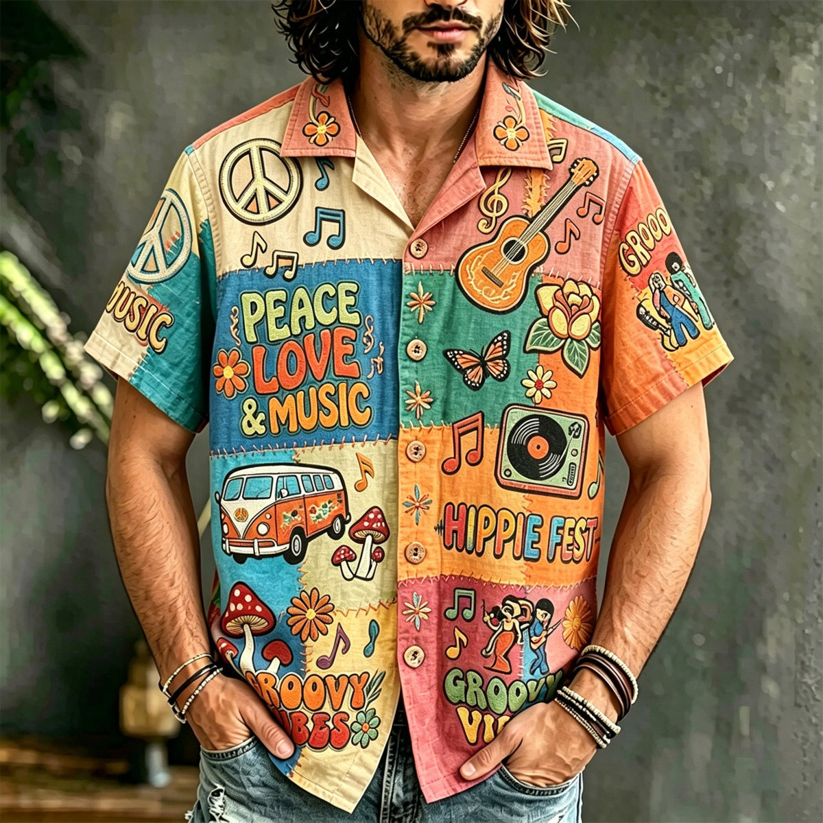 Men's short-sleeve patchwork shirt with peace, love and music illustrations