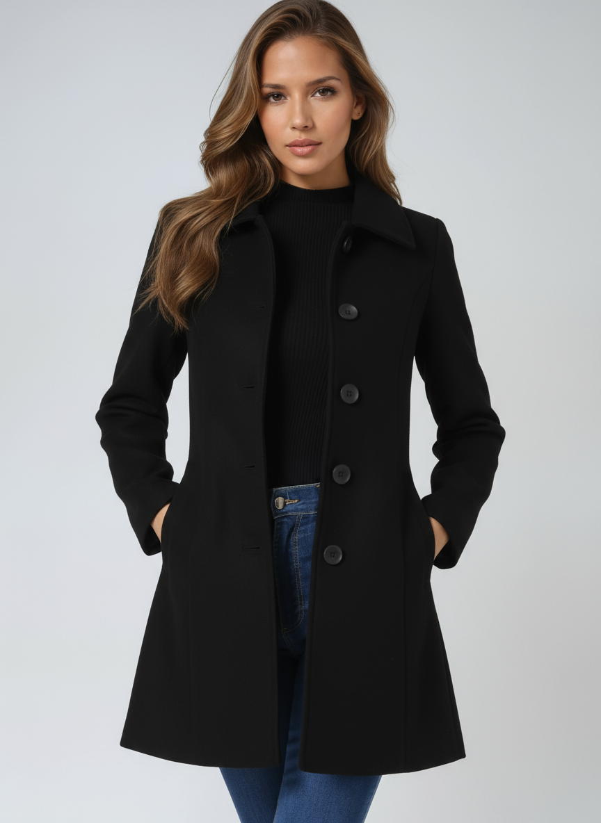 Women's tailored single-breasted trench coat with pointed collar and long sleeves