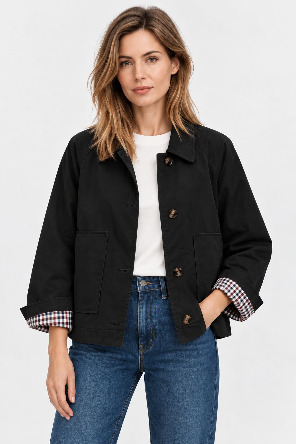 Women's short trench jacket with button front, patch pockets and checked cuff lining