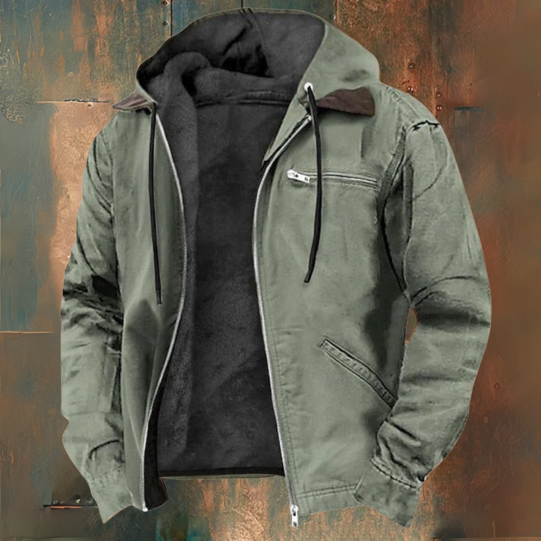 Men's hooded zip jacket with long sleeves, chest zip pocket and angled front pockets