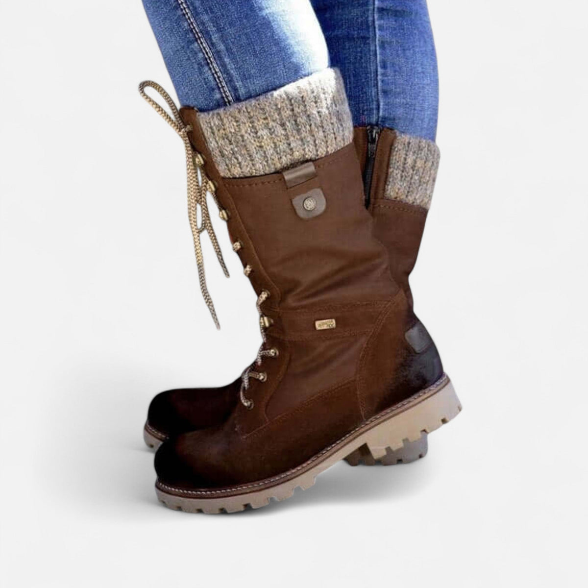 Women's winter lace-up boots with knitted cuffs and flat lug soles