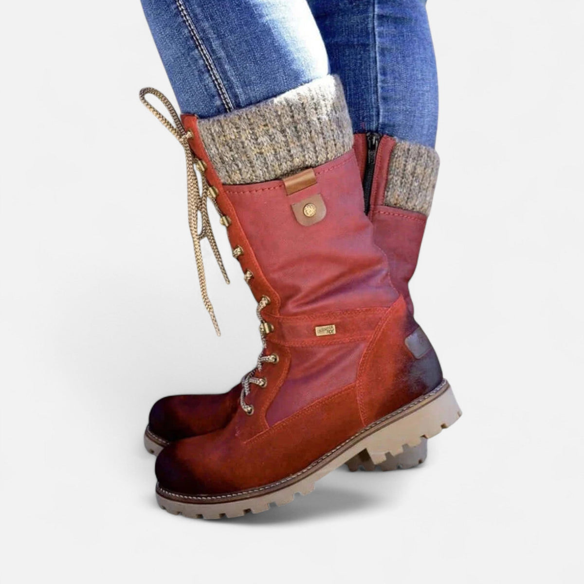 Women's winter lace-up boots with knitted cuffs and flat lug soles