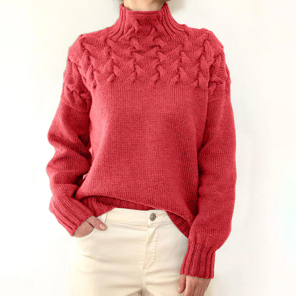 Women's cable-knit turtleneck sweater with long sleeves and ribbed trims