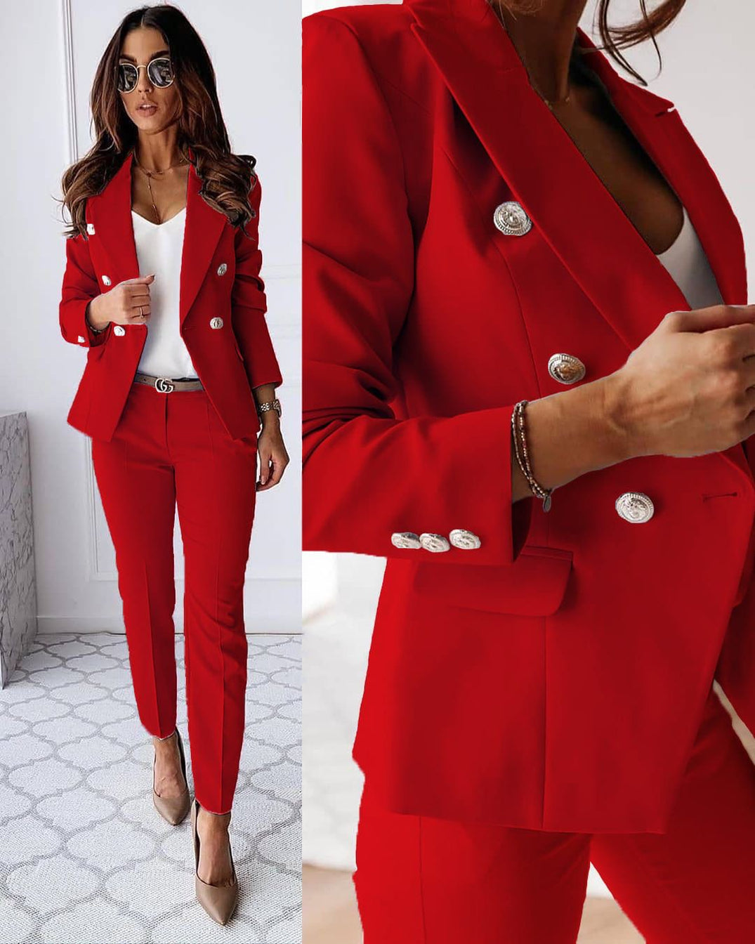 Women's tailored trouser suit with double-breasted blazer, notched lapels and matching trousers