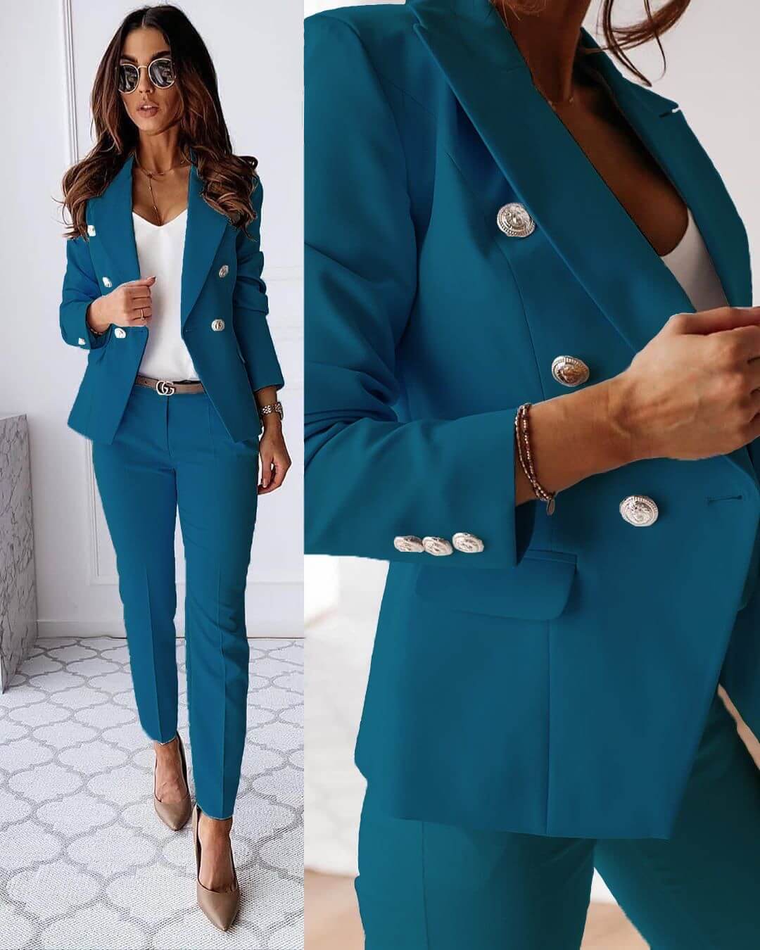 Women's tailored trouser suit with double-breasted blazer, notched lapels and matching trousers