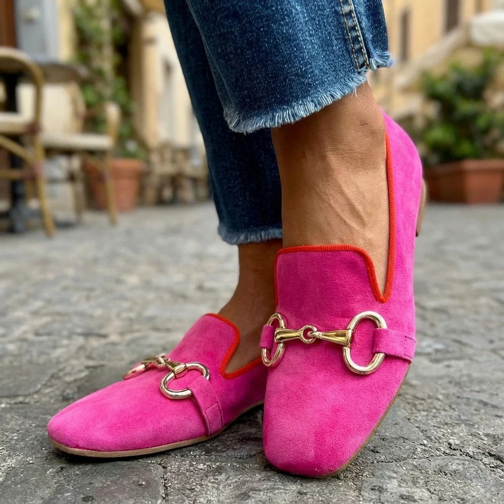 Women's bright loafers with square toes and metallic bit detail