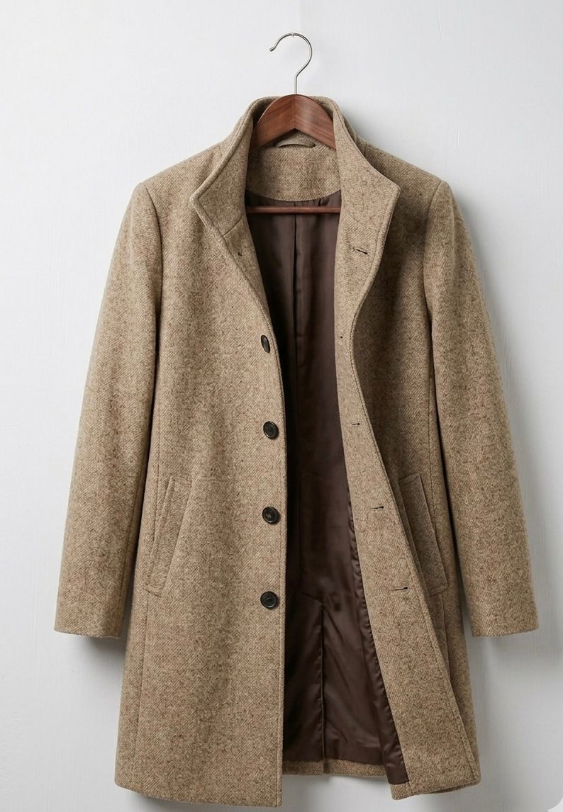 Women's long button front coat with notched lapels and angled pockets