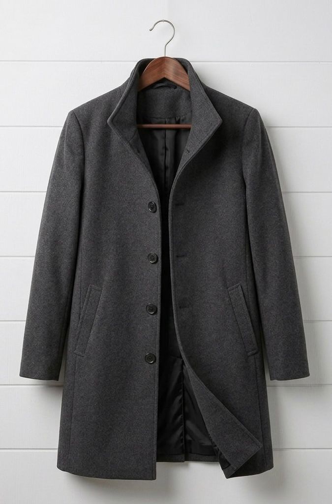 Women's long button front coat with notched lapels and angled pockets
