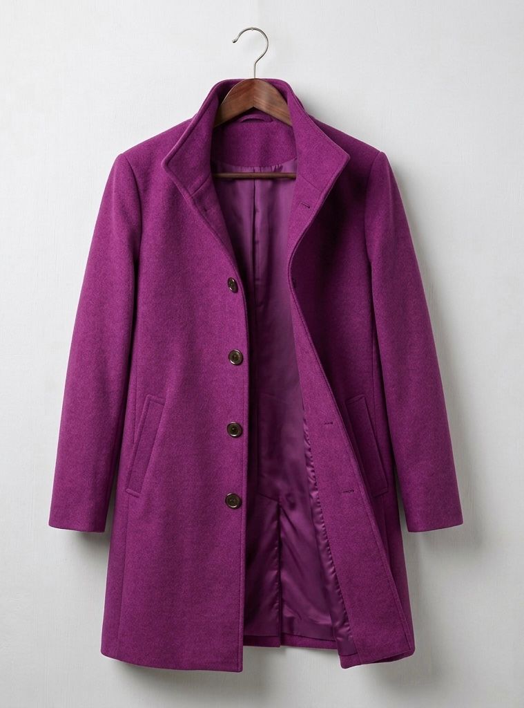 Women's long button front coat with notched lapels and angled pockets
