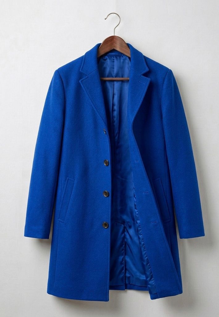 Women's long button front coat with notched lapels and angled pockets