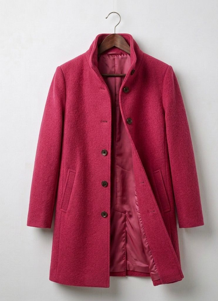 Women's long button front coat with notched lapels and angled pockets