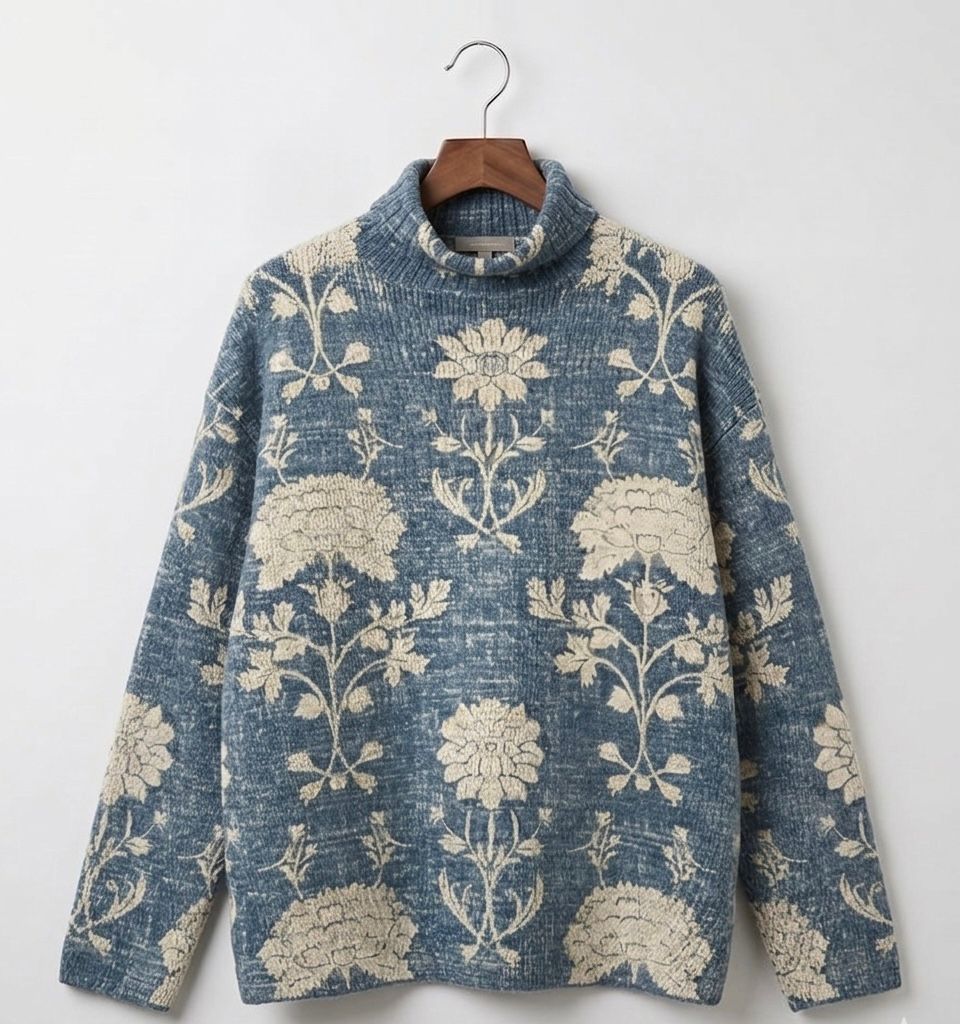 Women's long-sleeved patterned turtleneck jumper with ribbed trims
