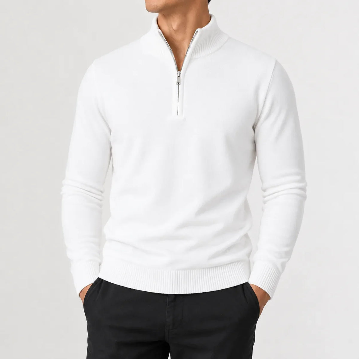 Men's long-sleeve mock neck zip-up jumper with ribbed trims
