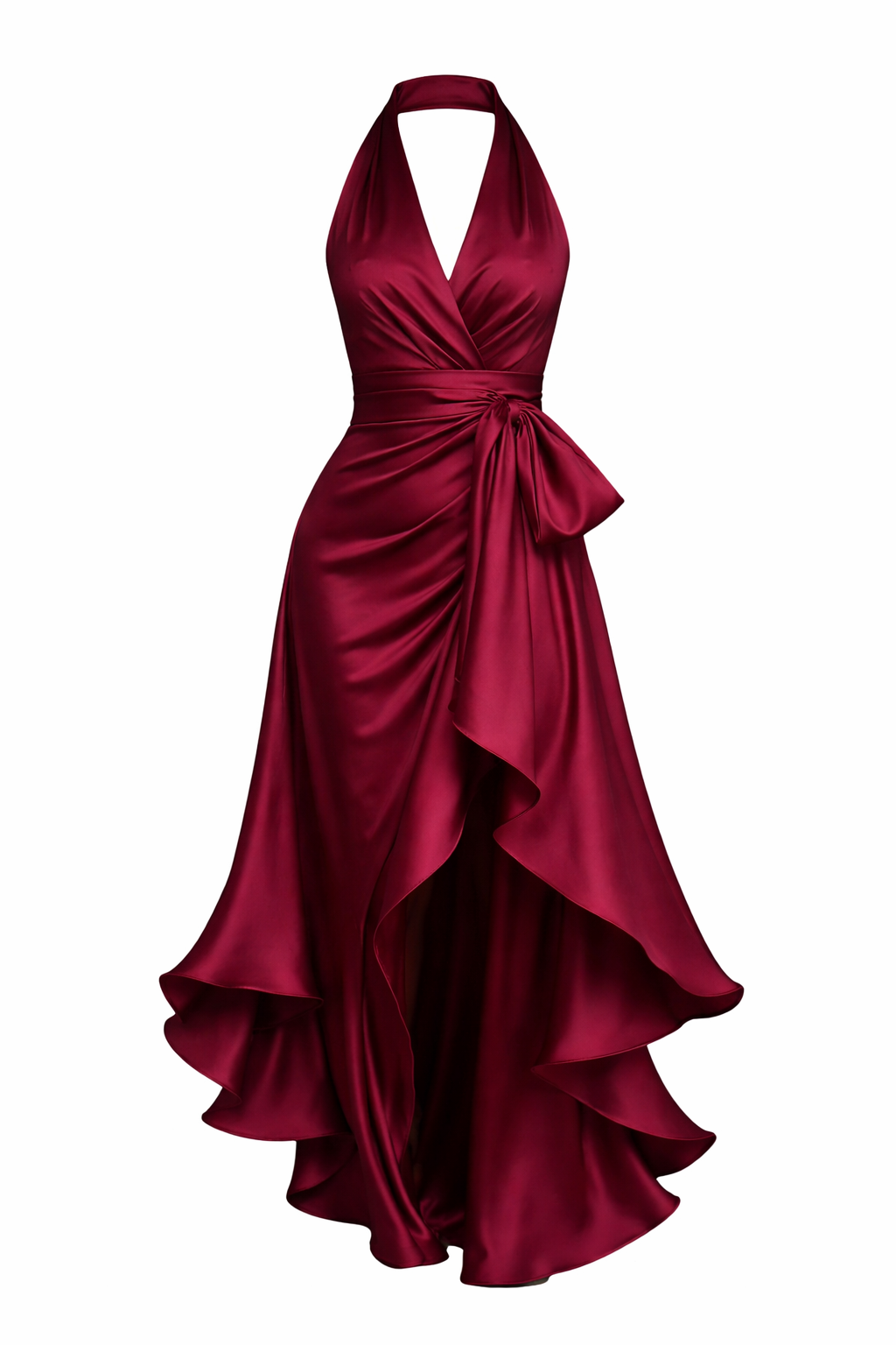 Women’s Satin Polyester Halter Ruffle Dress | Wine Red
