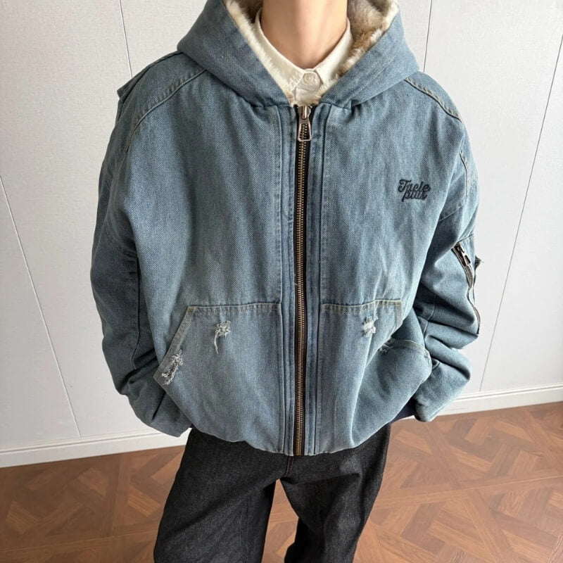 Men's blue hooded denim jacket with faux-fur collar and zip front