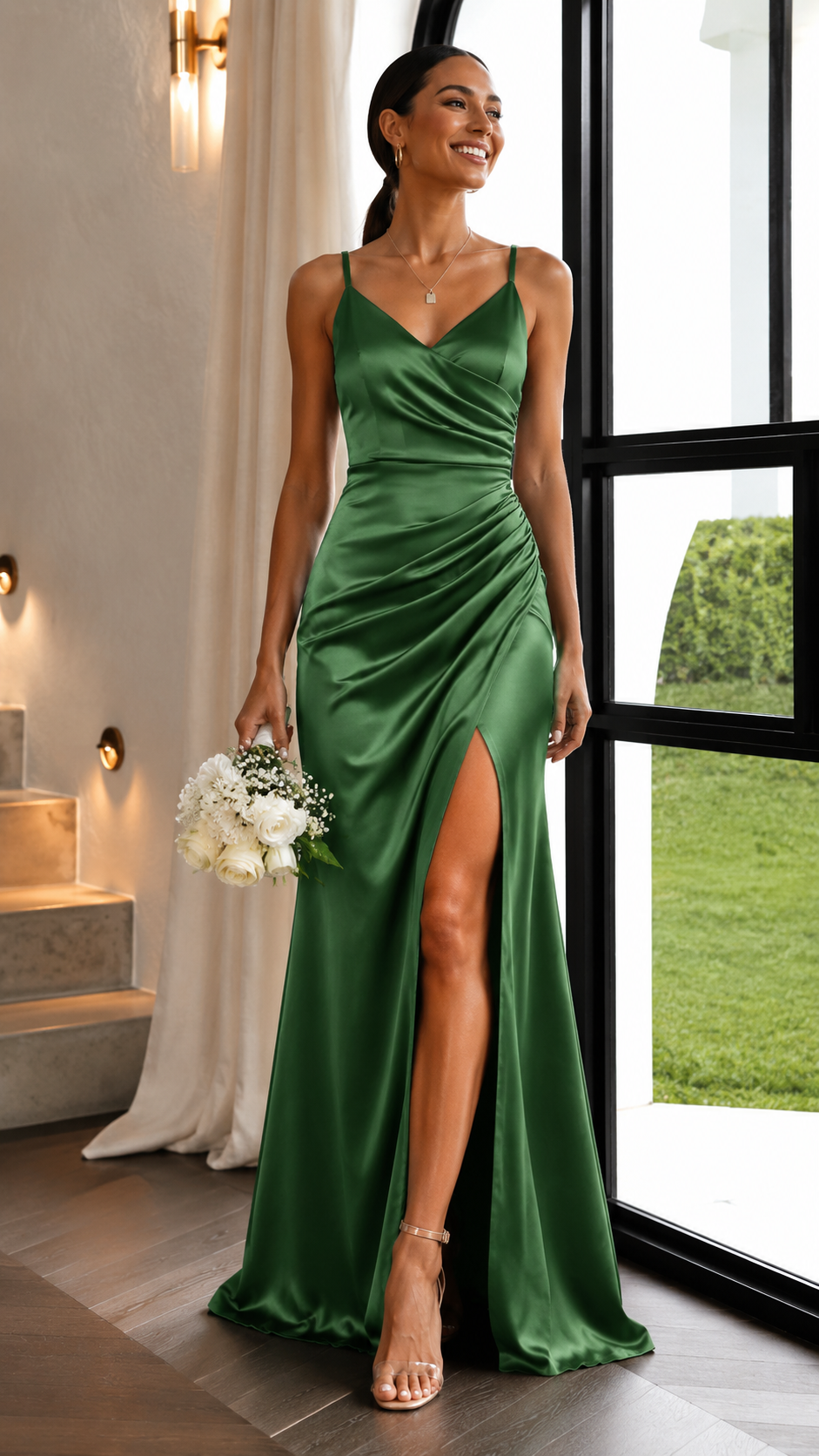 Women's Cowl Neck Midi Dress Ruched Side Split Strap Fit