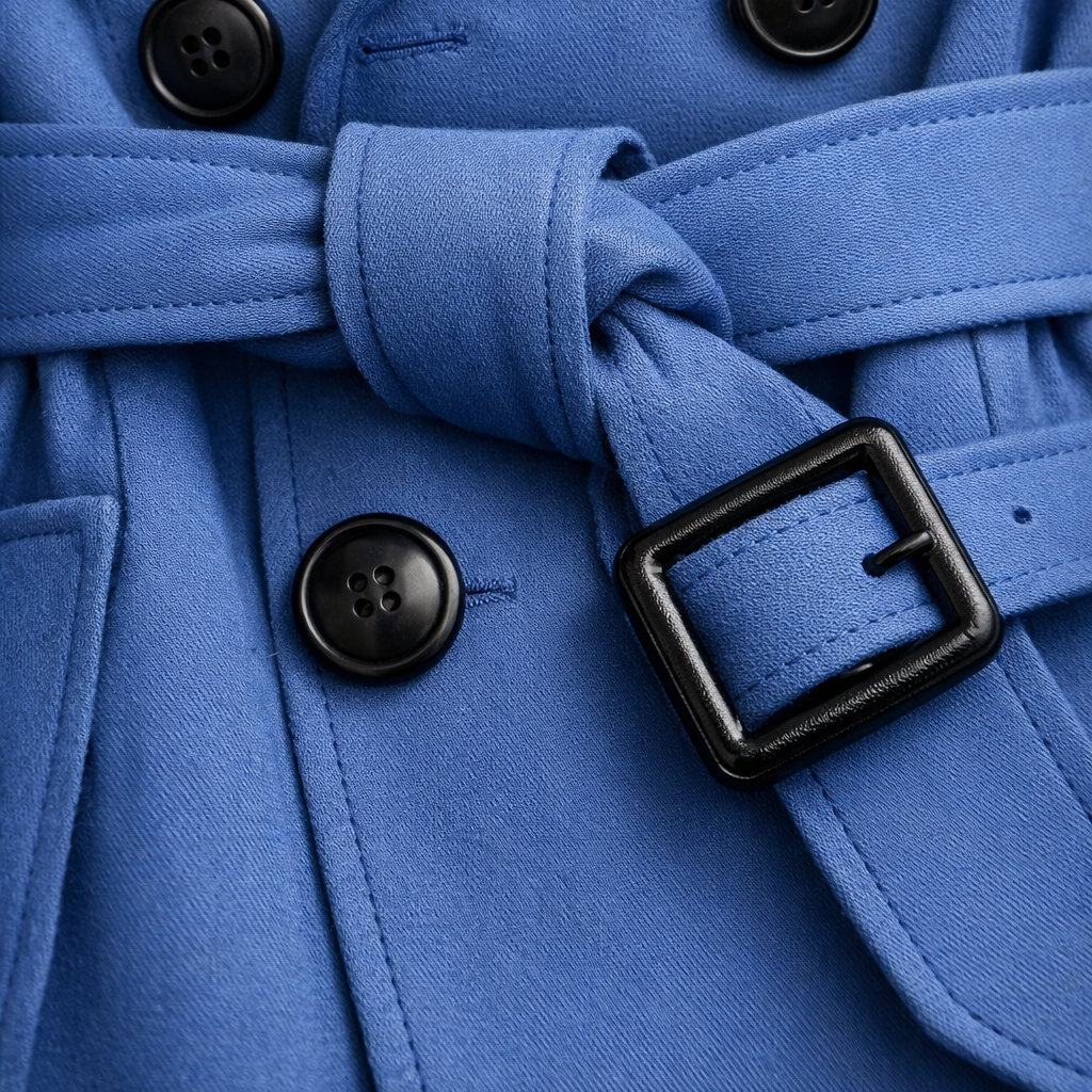 Women's belted double-breasted trench coat with long sleeves and buckle cuffs