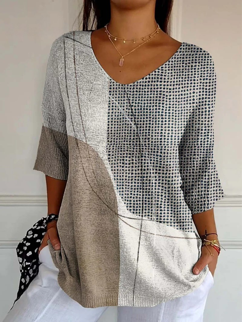 Women's multicolour geometric knit jumper with round neck and three-quarter sleeves