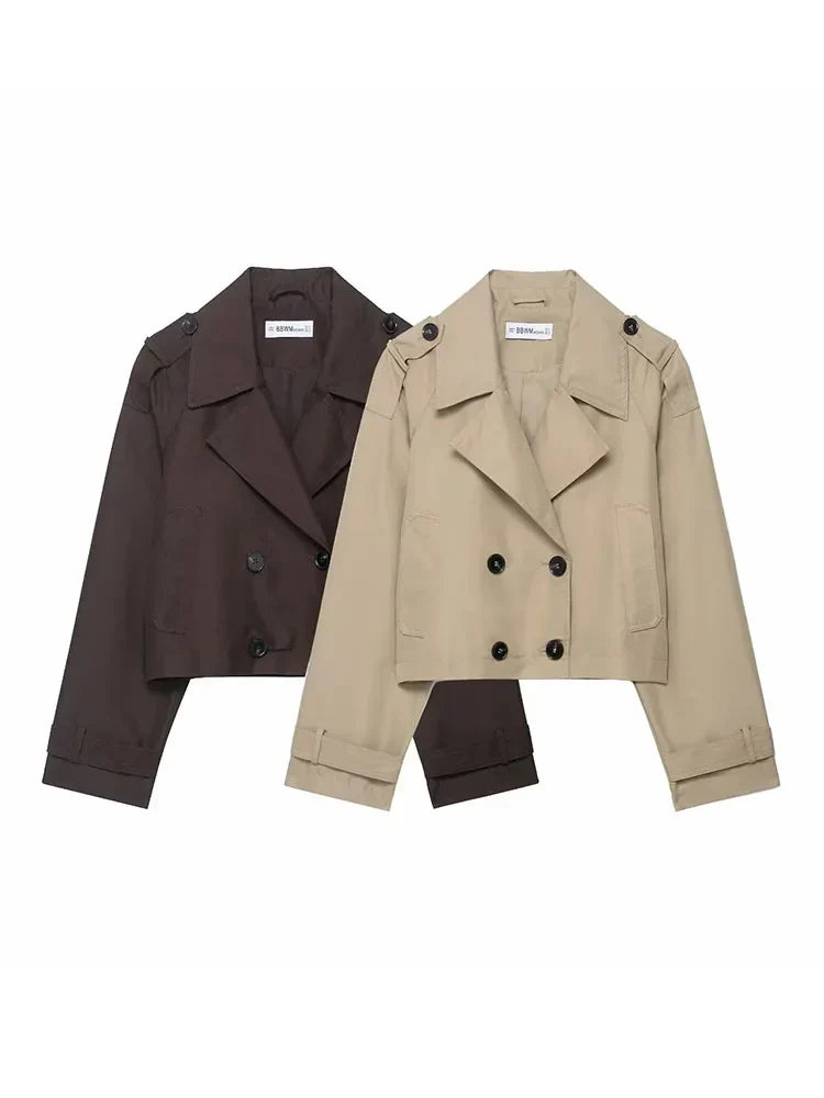 Women's Cropped Coat Double-Breasted Epaulette Detail