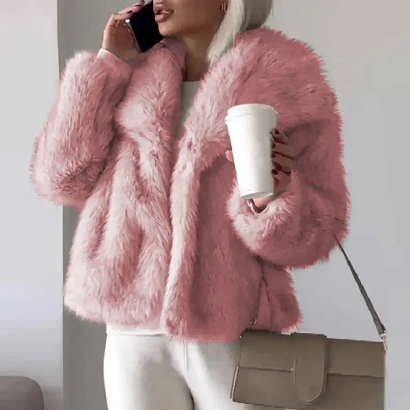 Women's Faux Fur Jacket Collarless Long Sleeve - Pink