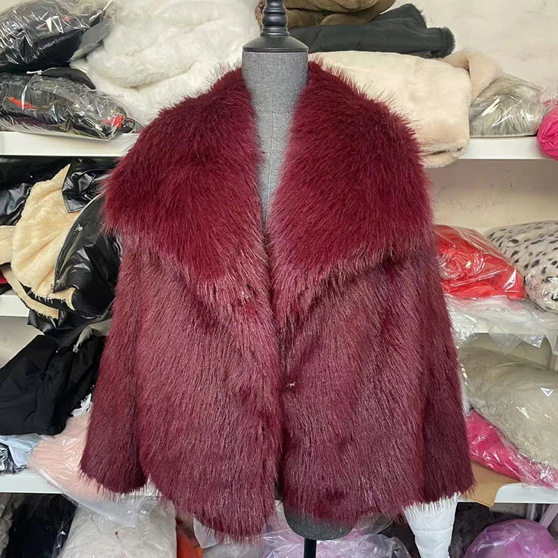 Women's Faux Fur Jacket Collarless Long Sleeve - Red