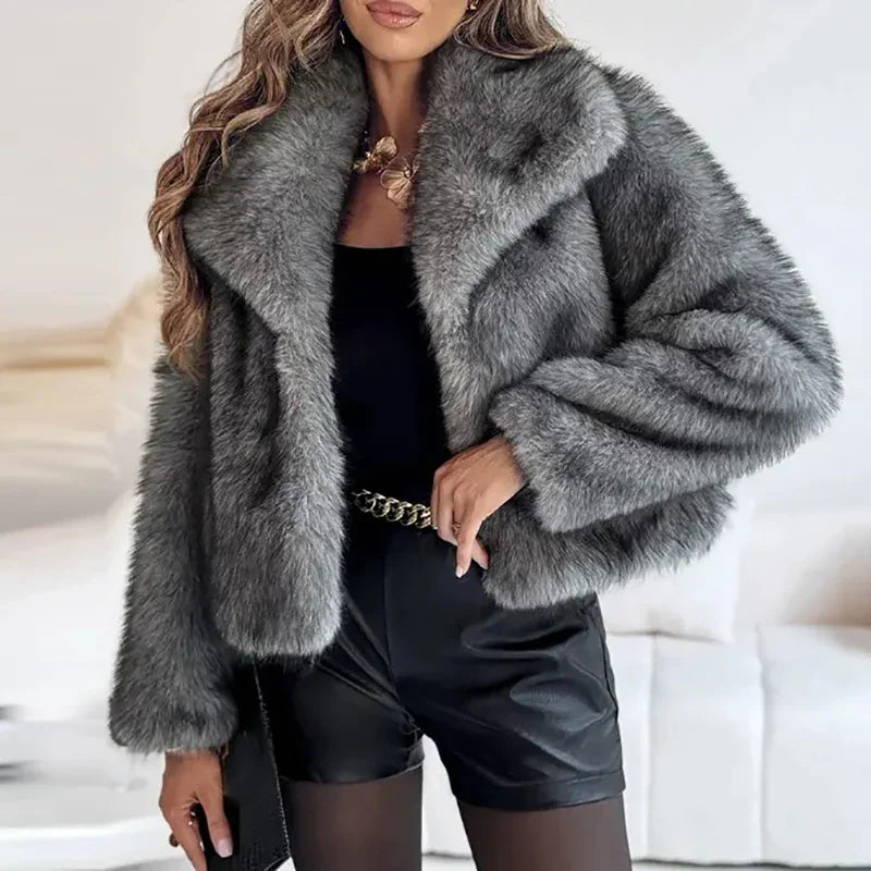 Women's Faux Fur Jacket Collarless Long Sleeve - Dark Grey