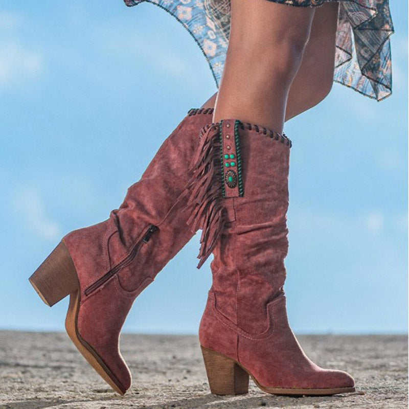 Women's Boots Suede Fringe Block Heel - Red
