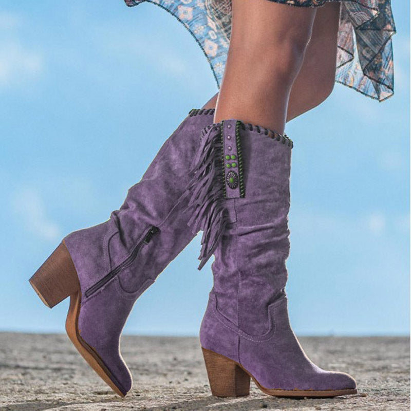 Women's Boots Suede Fringe Block Heel - Purple