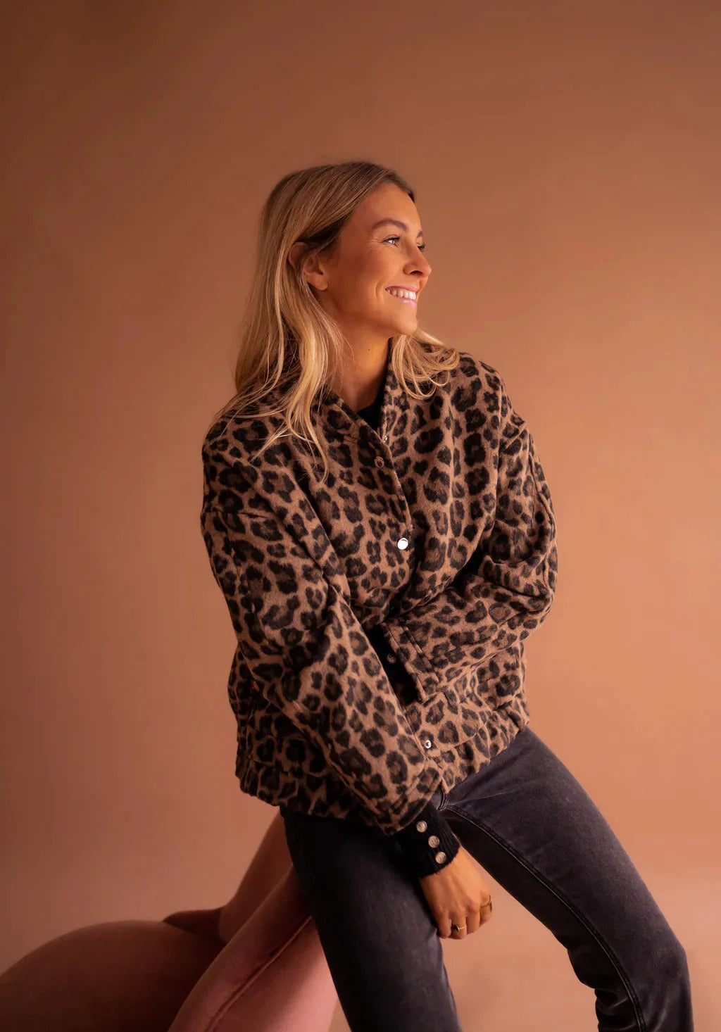 Women's Bomber Jacket Leopard Print Snap-Button