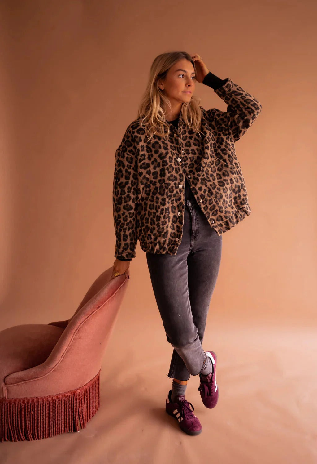 Women's Bomber Jacket Leopard Print Snap-Button
