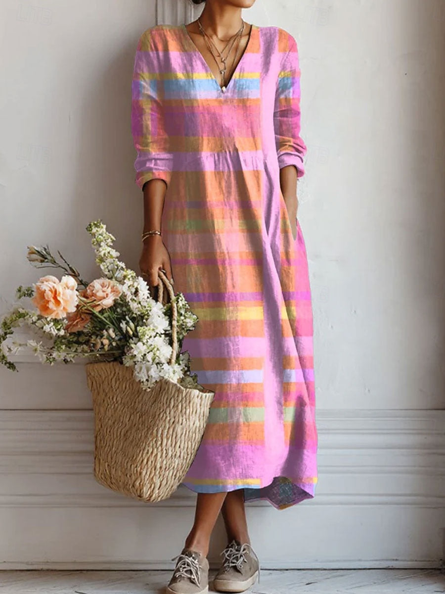 Women's multicoloured checked V-neck long-sleeve ankle-length maxi dress