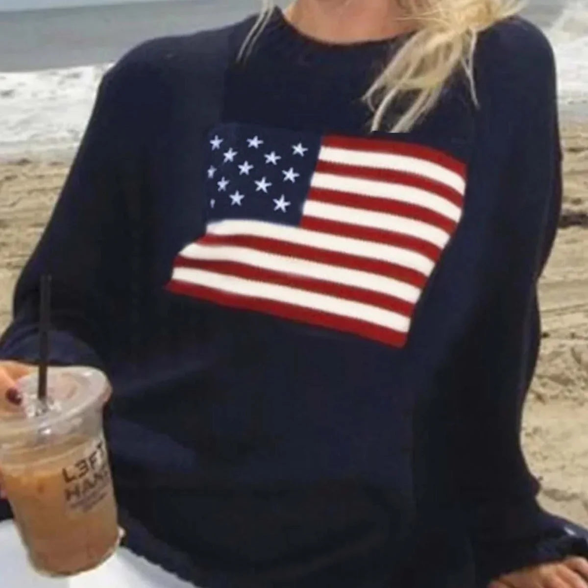Women's crewneck jumper with American flag motif and ribbed trims