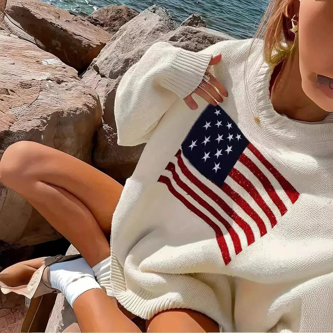Women's crewneck jumper with American flag motif and ribbed trims